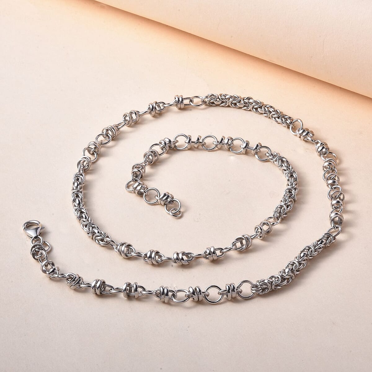 Platinum Over Sterling Silver 8.5mm Fancy Byzantine Link Chain Necklace 20 Inches 22.10 Grams image number 1