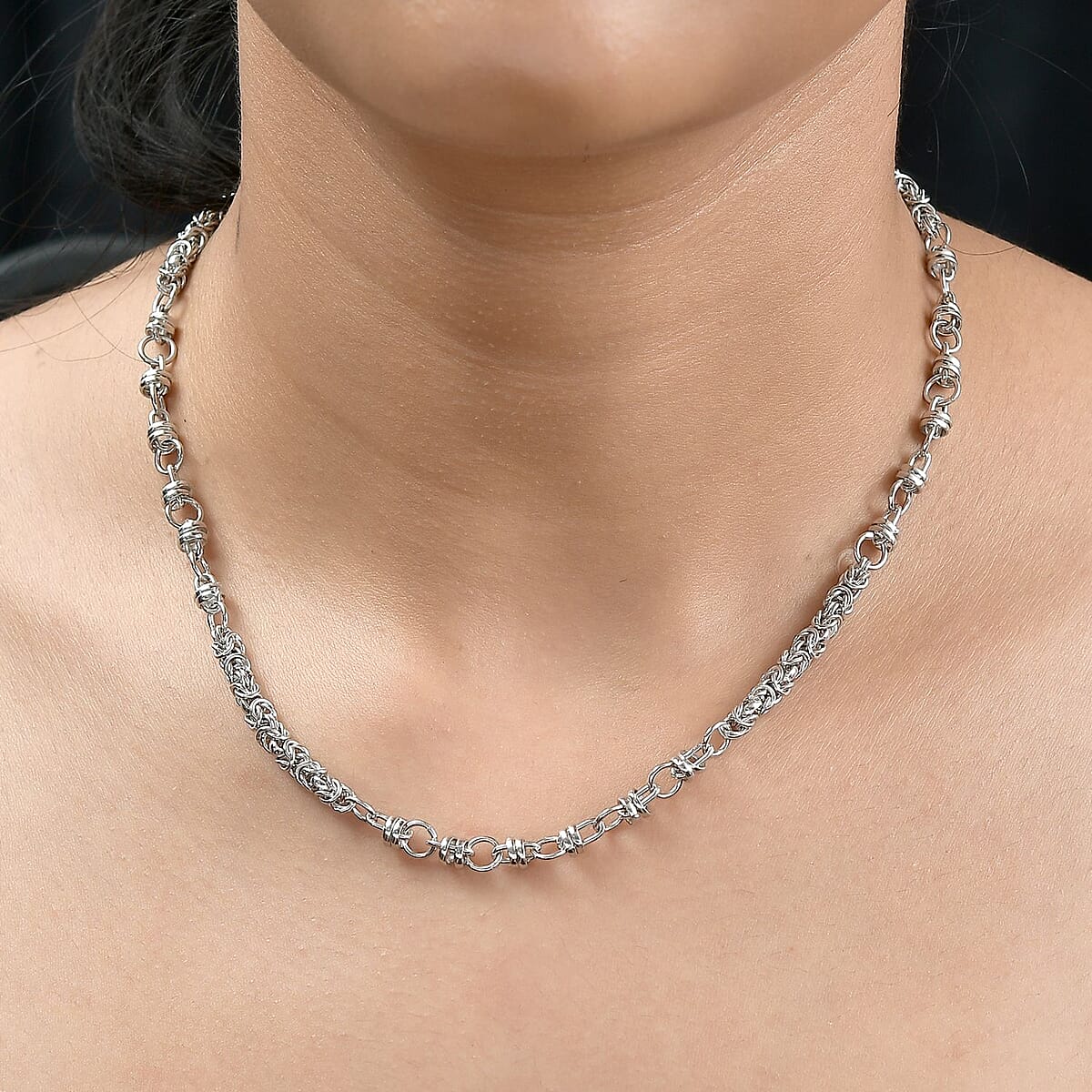 Platinum Over Sterling Silver 8.5mm Fancy Byzantine Link Chain Necklace 20 Inches 22.10 Grams image number 2