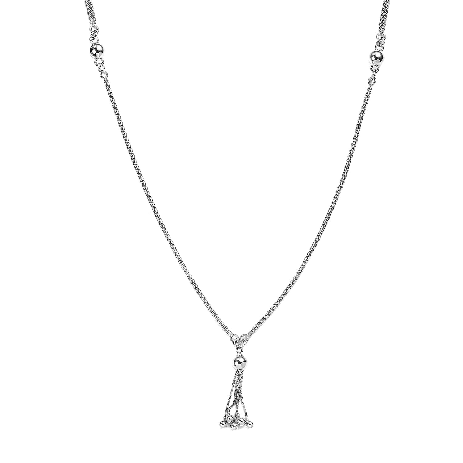 Platinum Over Sterling Silver Oval Link Chain Tassel Necklace 20 Inches 12.75 Grams