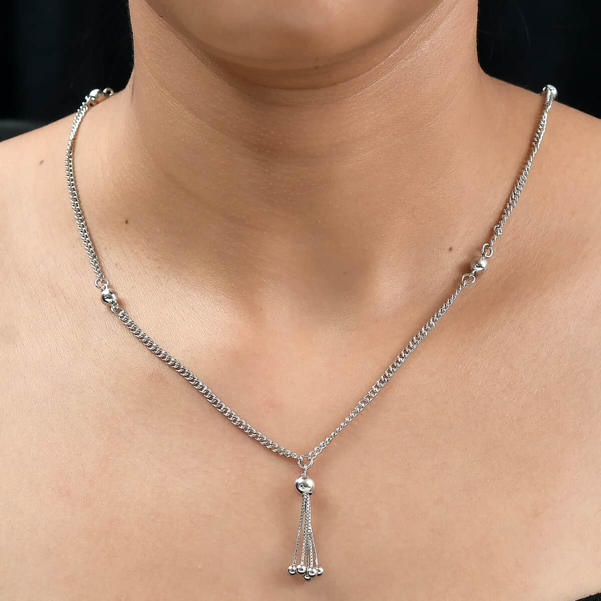 Platinum Over Sterling Silver Oval Link Chain Tassel Necklace 20 Inches 12.75 Grams image number 2