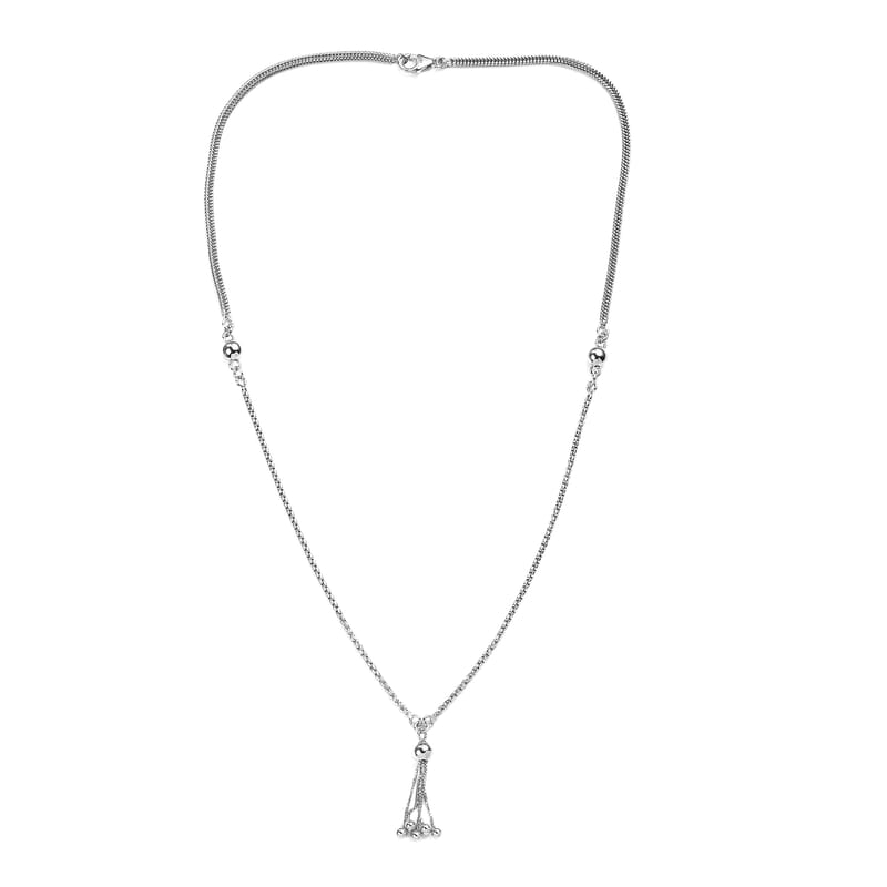 Platinum Over Sterling Silver Oval Link Chain Tassel Necklace 20 Inches 12.75 Grams