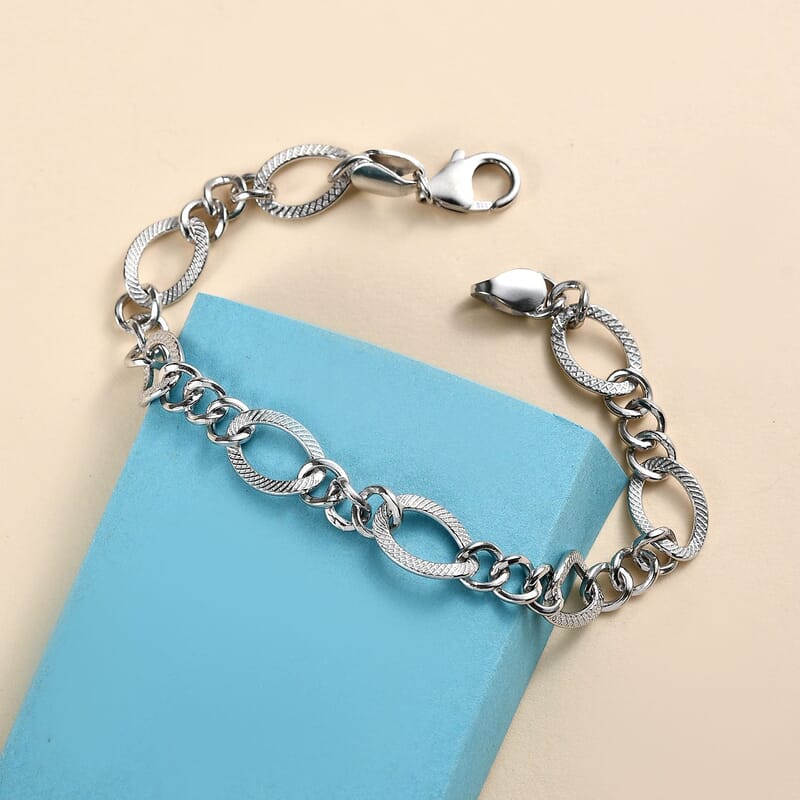 Platinum Over Sterling Silver Fancy Curb Link Chain Bracelet (7.25 In) 7.80 Grams