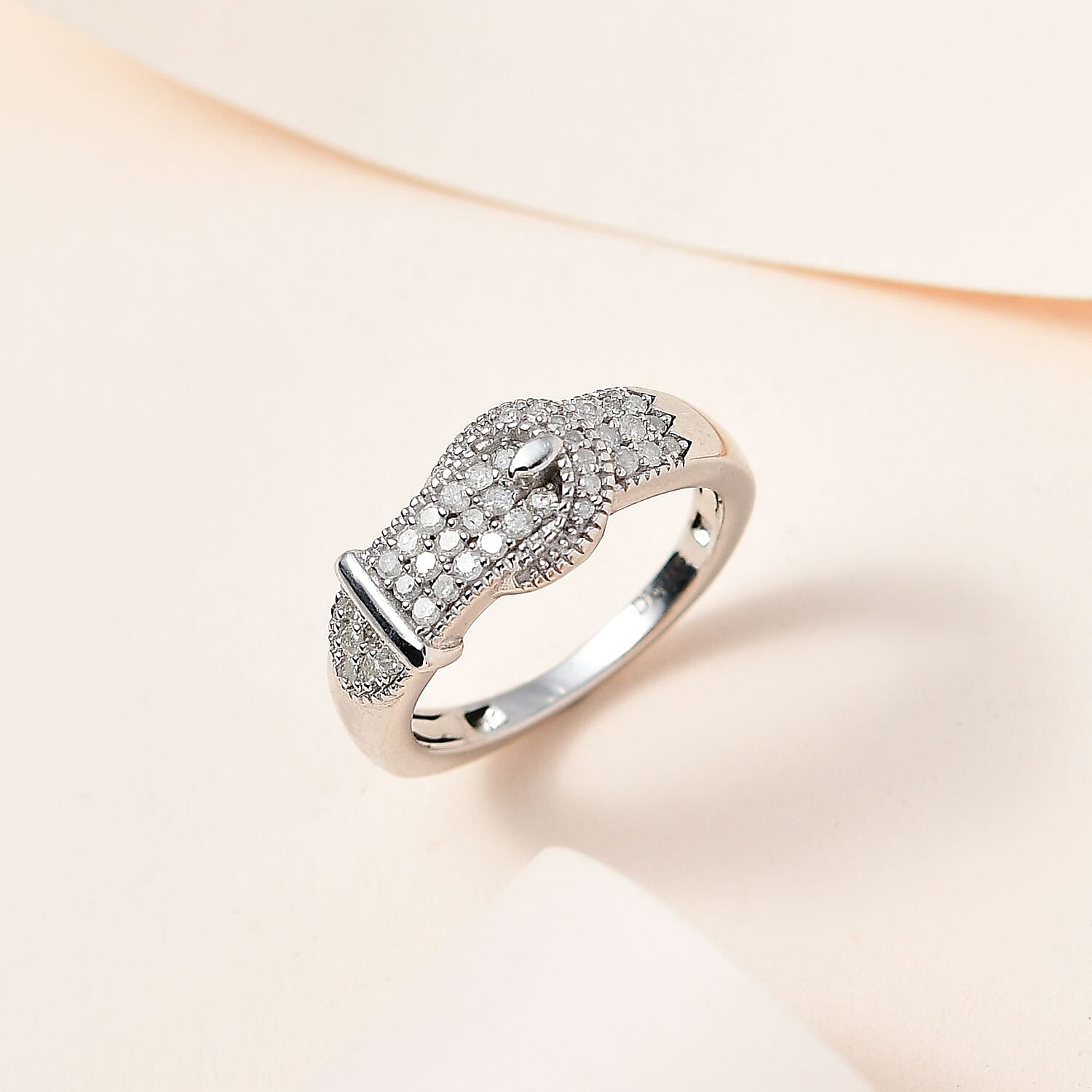 Diamond Buckle Ring in Platinum Over Sterling Silver (Size 10.0) 0.25 ctw