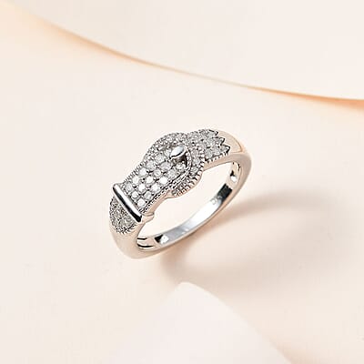 Diamond Buckle Ring in Platinum Over Sterling Silver (Size 10.0) 0.25 ctw
