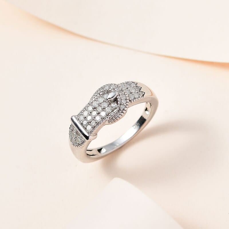 Diamond Buckle Ring in Platinum Over Sterling Silver (Size 10.0) 0.25 ctw