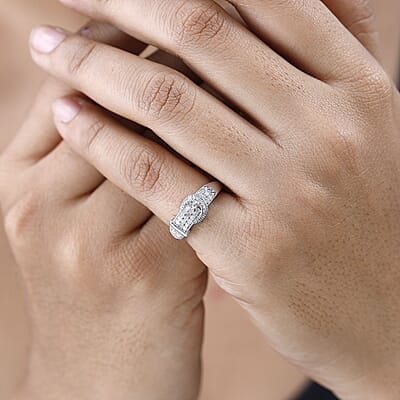 Diamond Buckle Ring in Platinum Over Sterling Silver (Size 10.0) 0.25 ctw