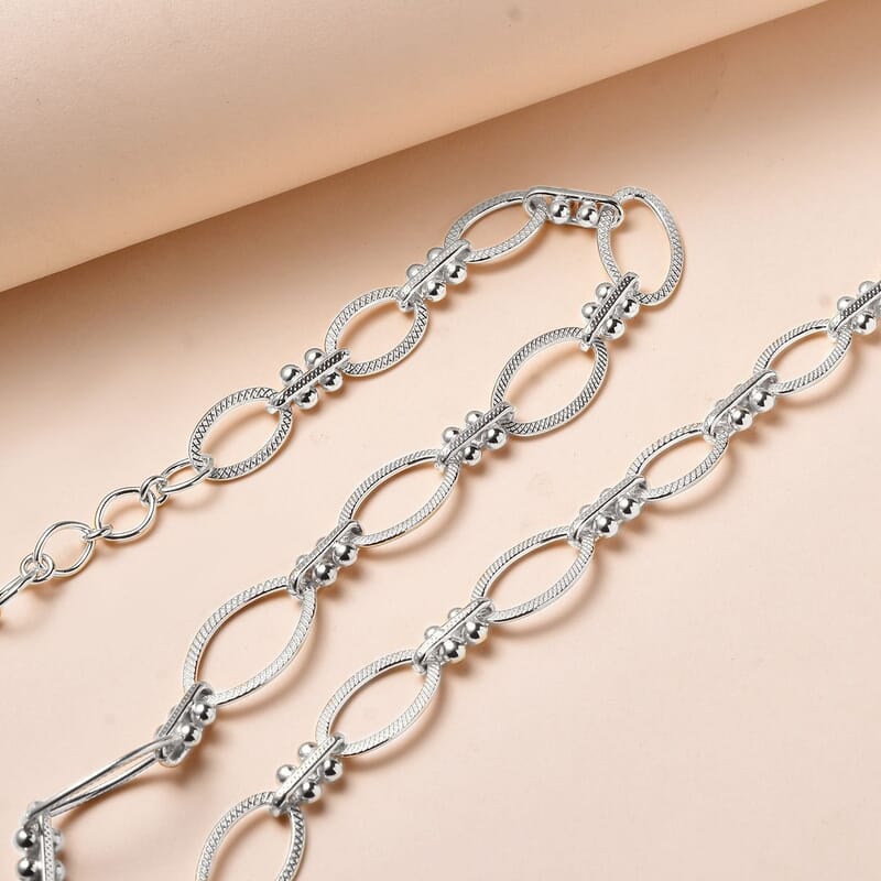 Platinum Over Sterling Silver Fancy Oval Link Chain Necklace 20 Inches 20.80 Grams