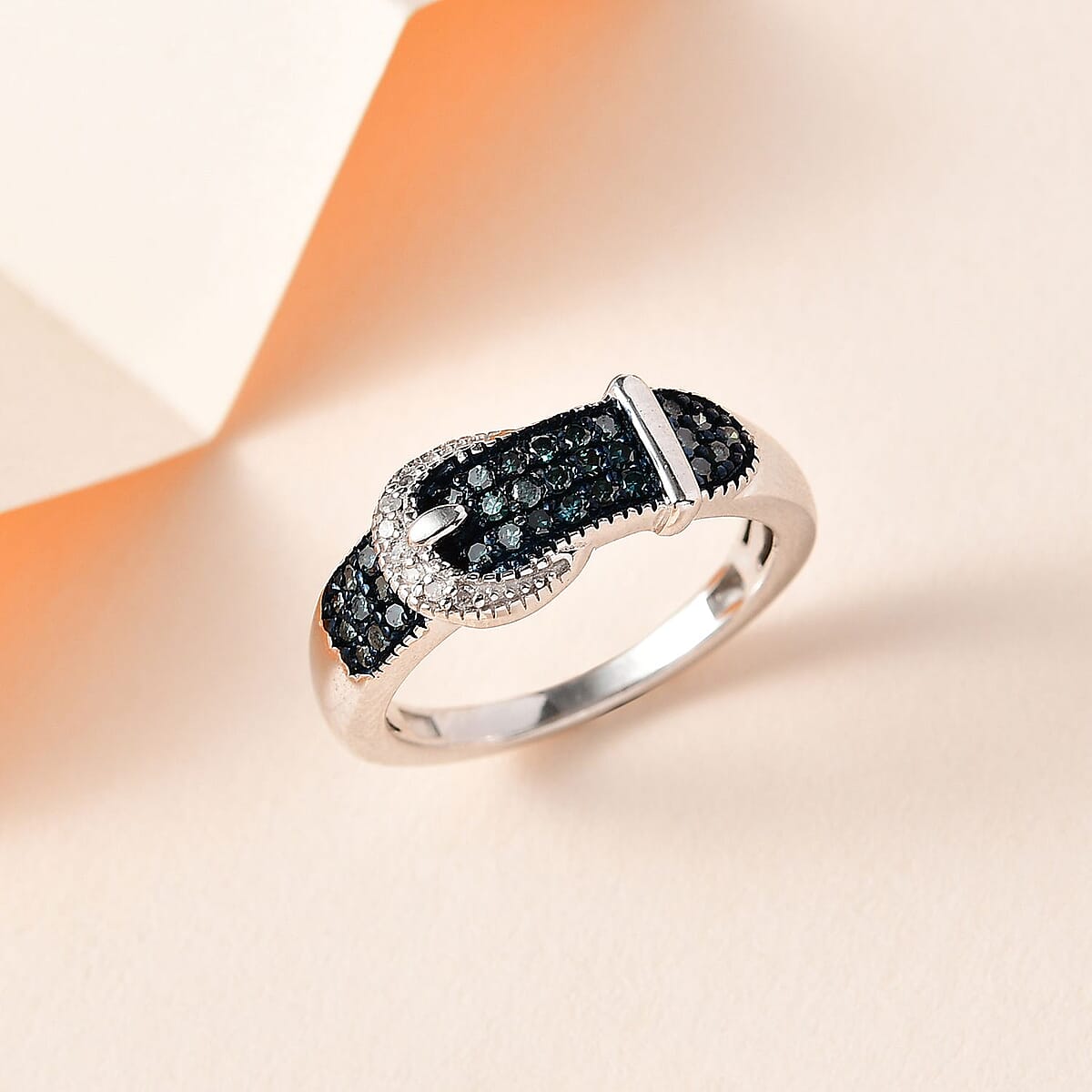 Blue Diamond (IR), White Diamond Buckle Ring in Platinum Over Sterling Silver (Size 7.0) 0.25 ctw image number 1