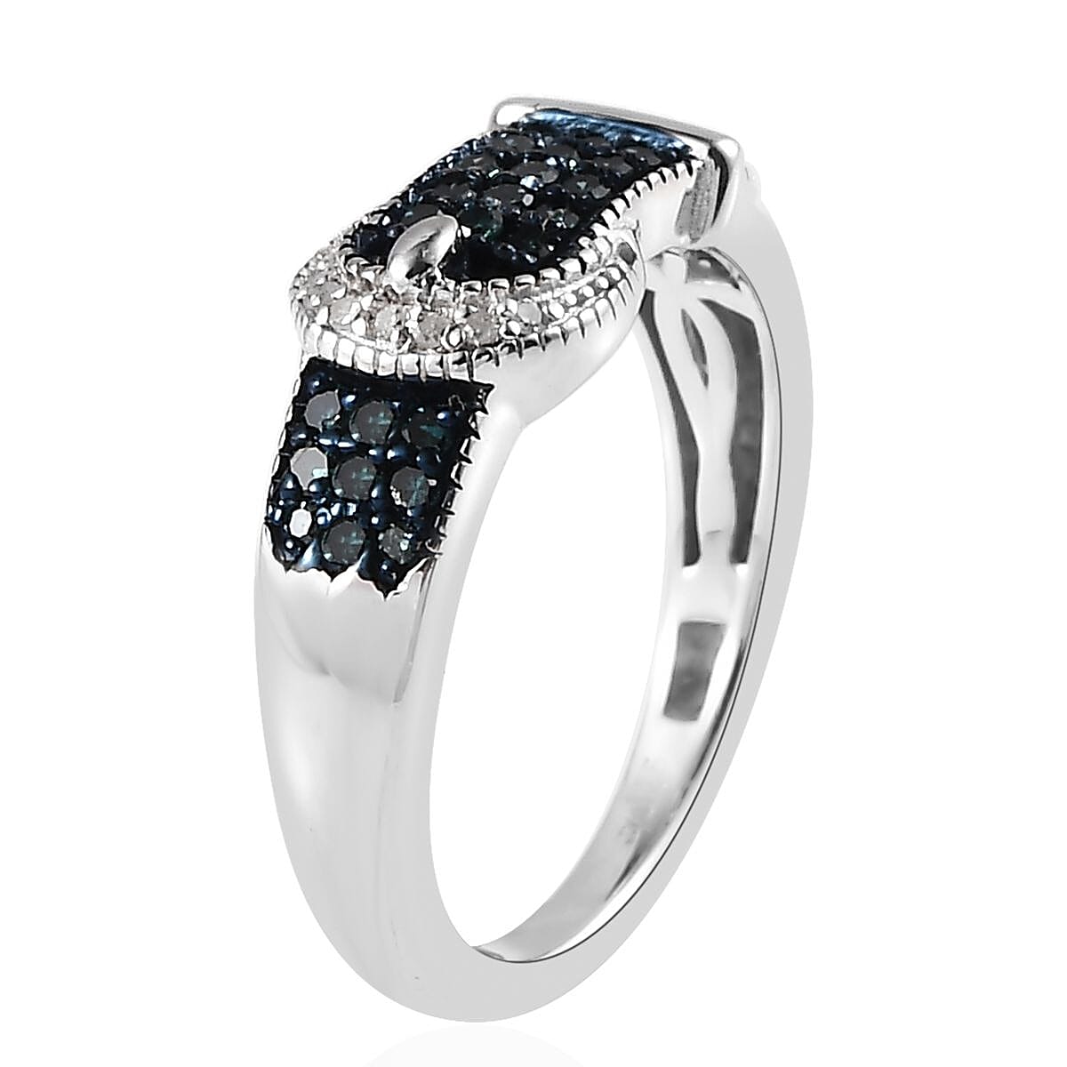 Blue and White Diamond Buckle Ring in Platinum Over Sterling Silver (Size 8.0) 0.25 ctw image number 3