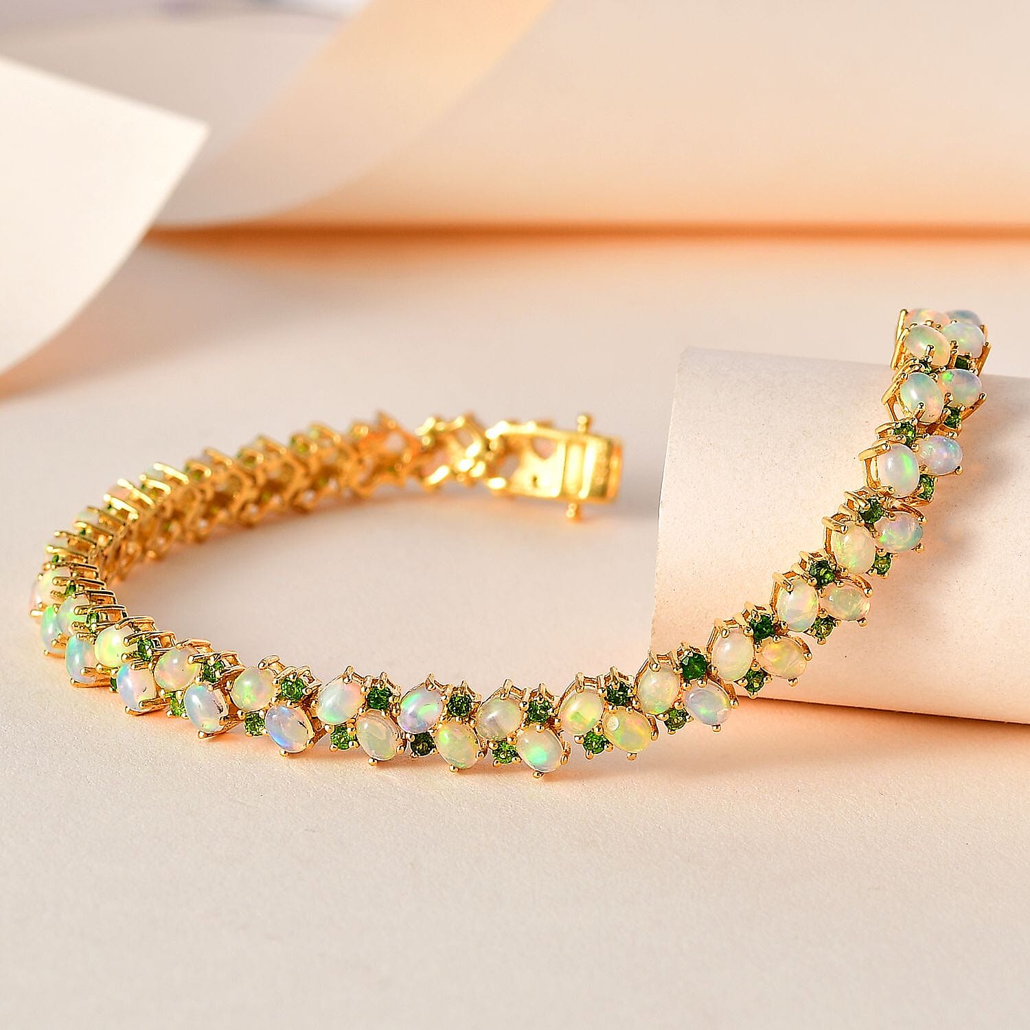 Ethiopian Welo Opal and Chrome Diopside 13.44 ctw Bracelet in 18K Vermeil Yellow Gold Over Sterling Silver (8.0 In)