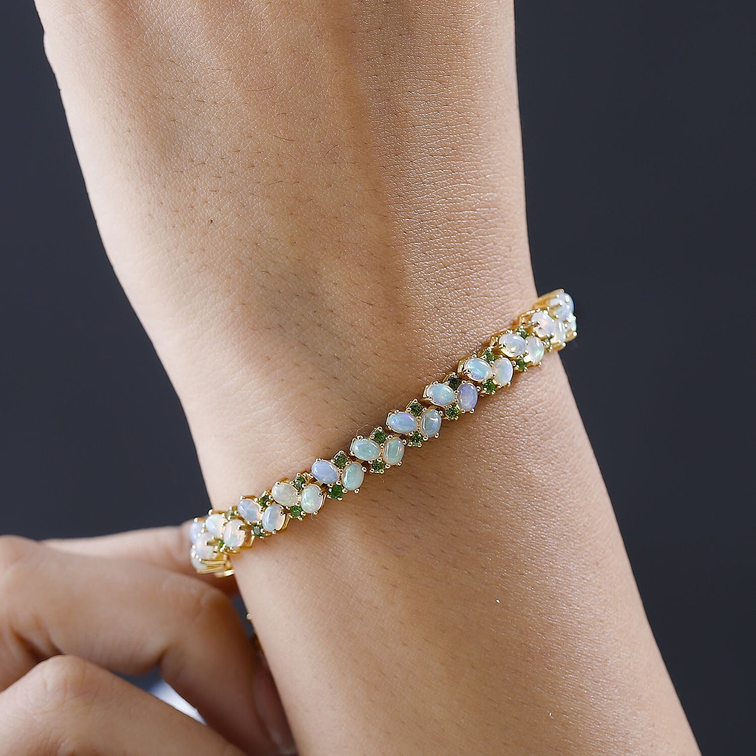 Ethiopian Welo Opal and Chrome Diopside 13.44 ctw Bracelet in 18K Vermeil Yellow Gold Over Sterling Silver (8.0 In)