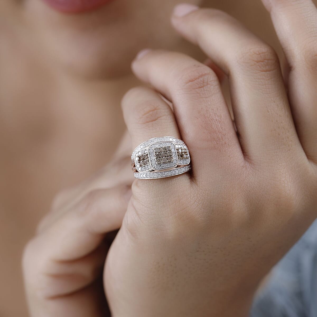 Natural Champagne and White Diamond Ring in Vermeil Rose Gold Over Sterling Silver (Size 6.0) 1.00 ctw image number 2