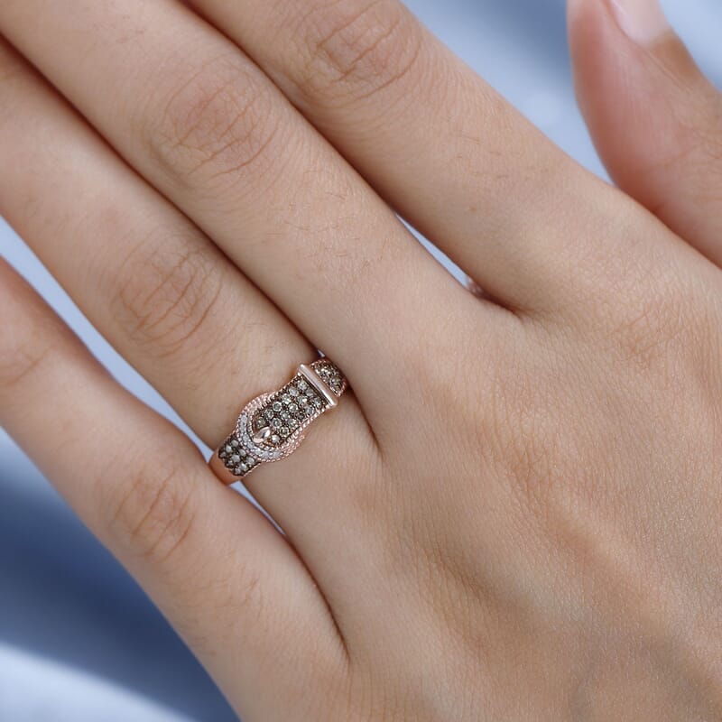 Natural Champagne and White Diamond Buckle Ring in Vermeil RG Over Sterling Silver (Size 10.0) 0.25 ctw