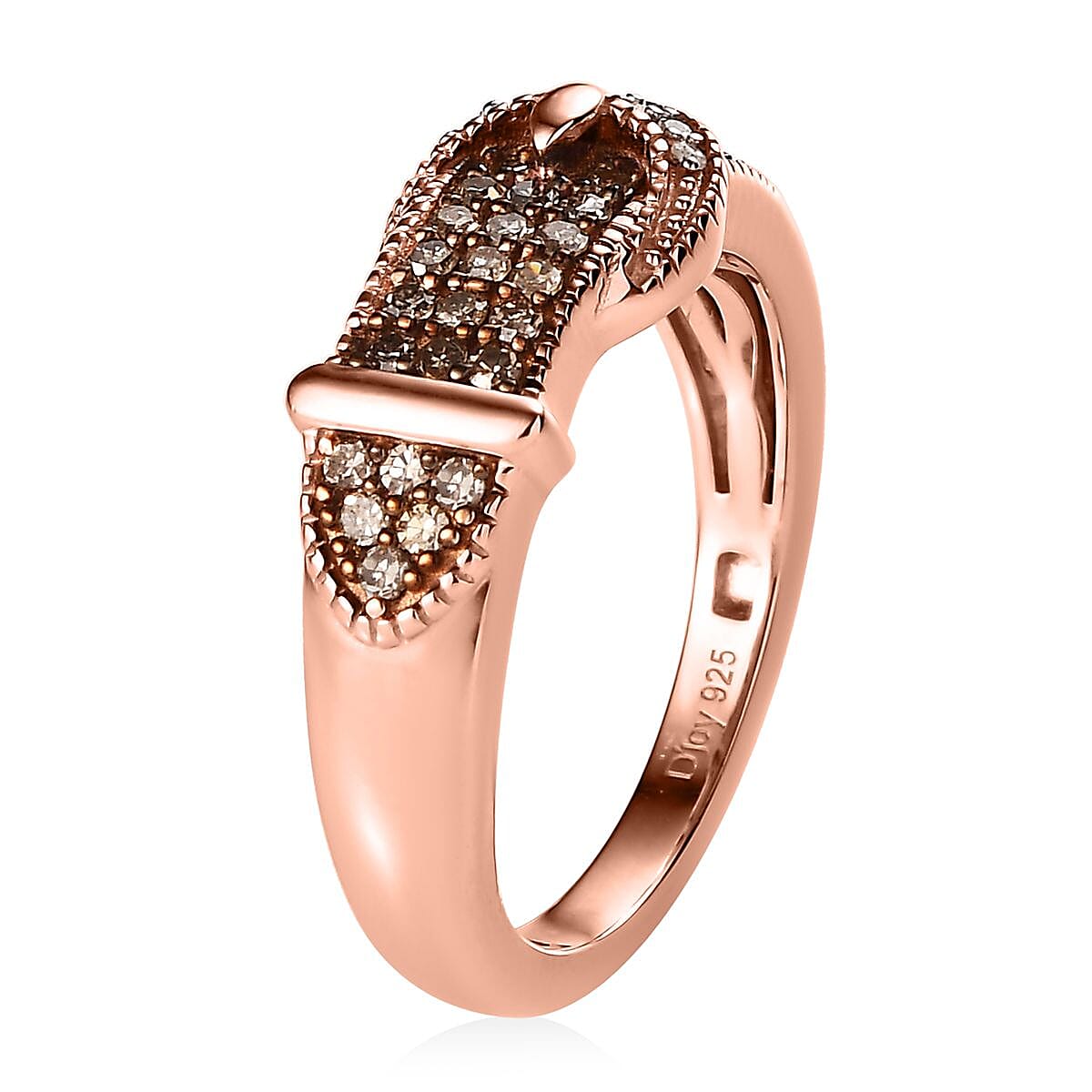 Natural Champagne and White Diamond Buckle Ring in Vermeil RG Over Sterling Silver (Size 10.0) 0.25 ctw