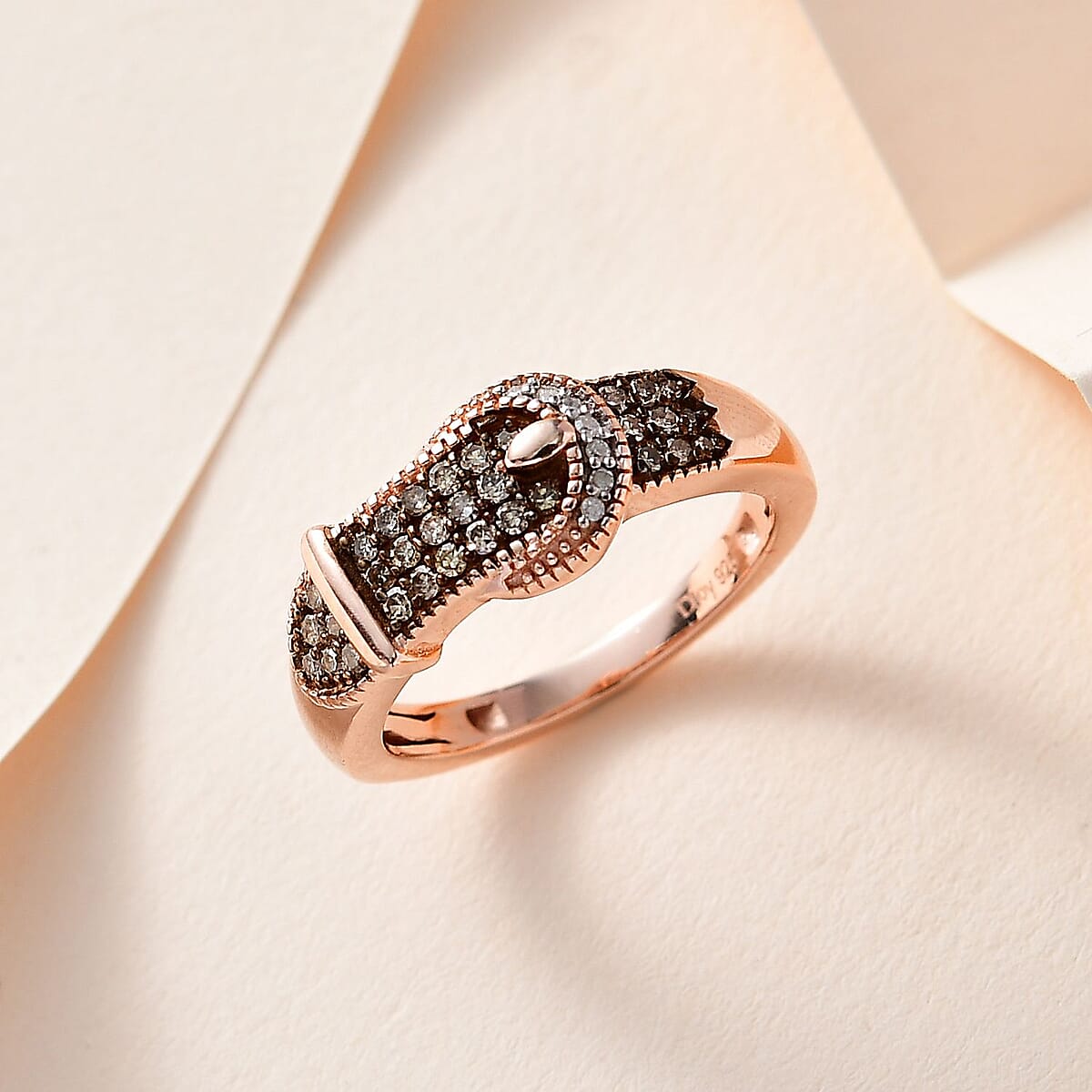 Natural Champagne and White Diamond Buckle Ring in Vermeil RG Over Sterling Silver (Size 10.0) 0.25 ctw image number 1