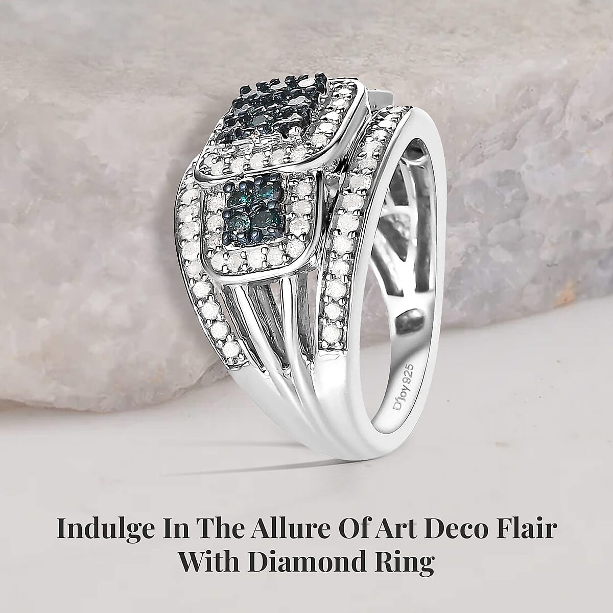 Blue Diamond (IR), White Diamond Ring in Platinum Over Sterling Silver (Size 10.0) 1.00 ctw image number 2