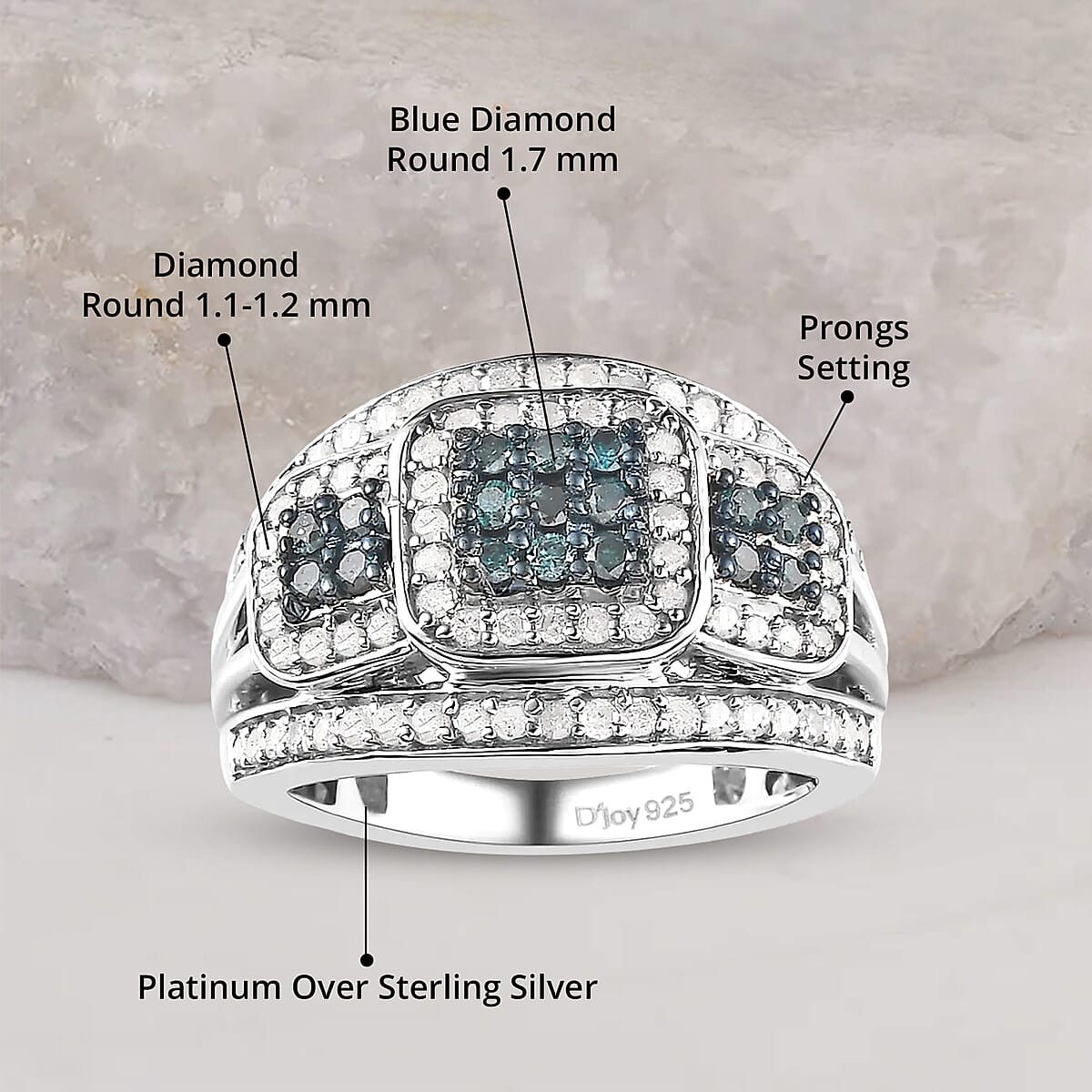 Blue Diamond (IR), White Diamond Ring in Platinum Over Sterling Silver (Size 10.0) 1.00 ctw image number 4