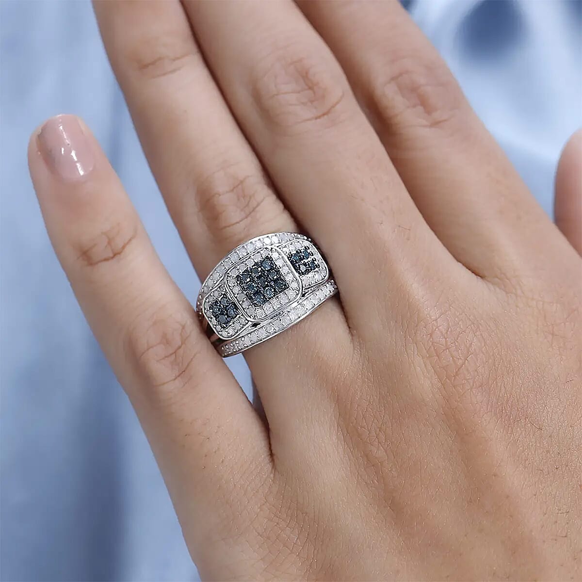 Blue Diamond (IR), White Diamond Ring in Platinum Over Sterling Silver (Size 10.0) 1.00 ctw image number 7