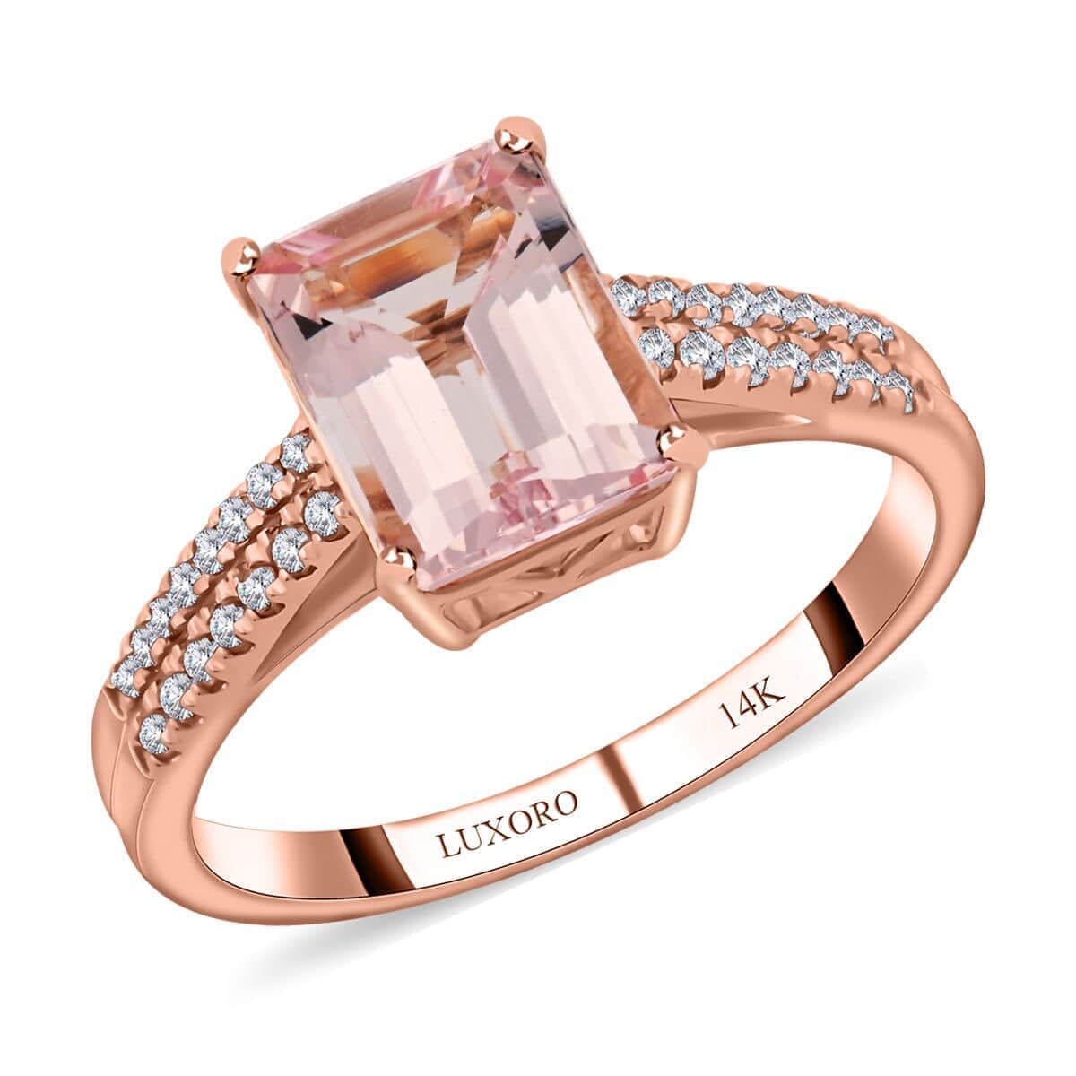 Luxoro 14K Rose Gold AAA Pink Morganite and I2 Diamond Ring 2.35 ctw image number 0