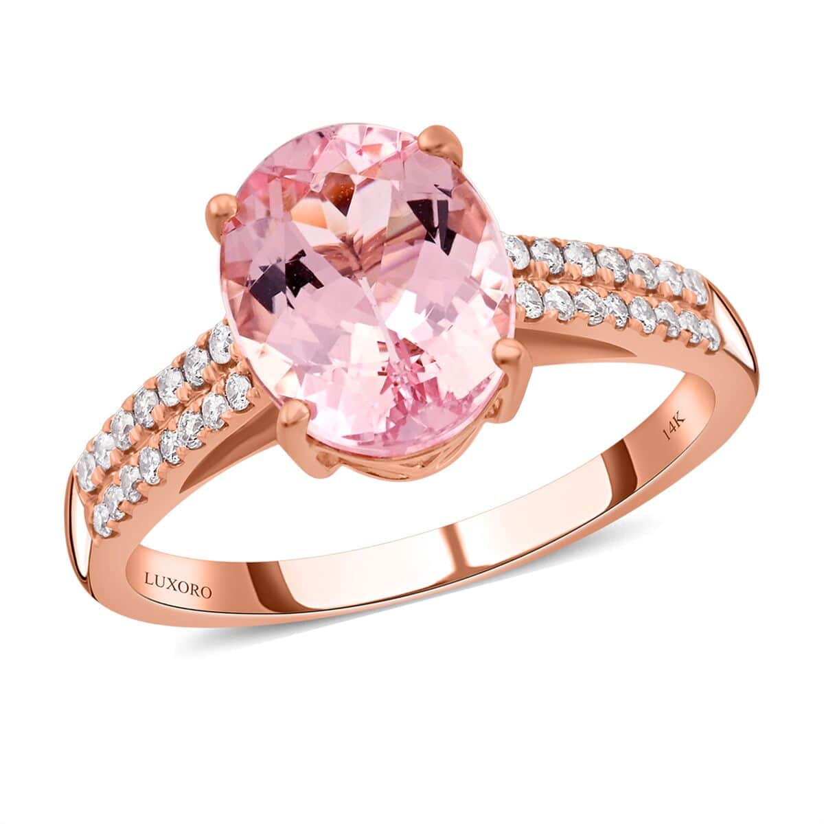 Luxoro 14K Rose Gold AAA Pink Morganite and I2 Diamond Ring (Size 6.0) 2.60 ctw image number 0