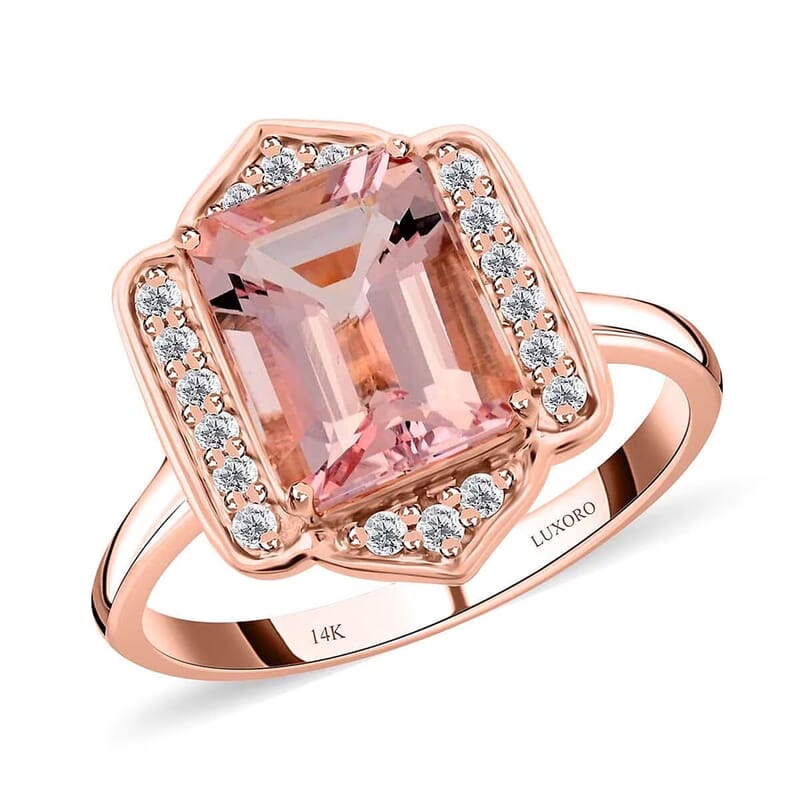 Luxoro 14K Rose Gold AAA Pink Morganite and I2 Diamond Ring (Size 10.0) 2.25 ctw