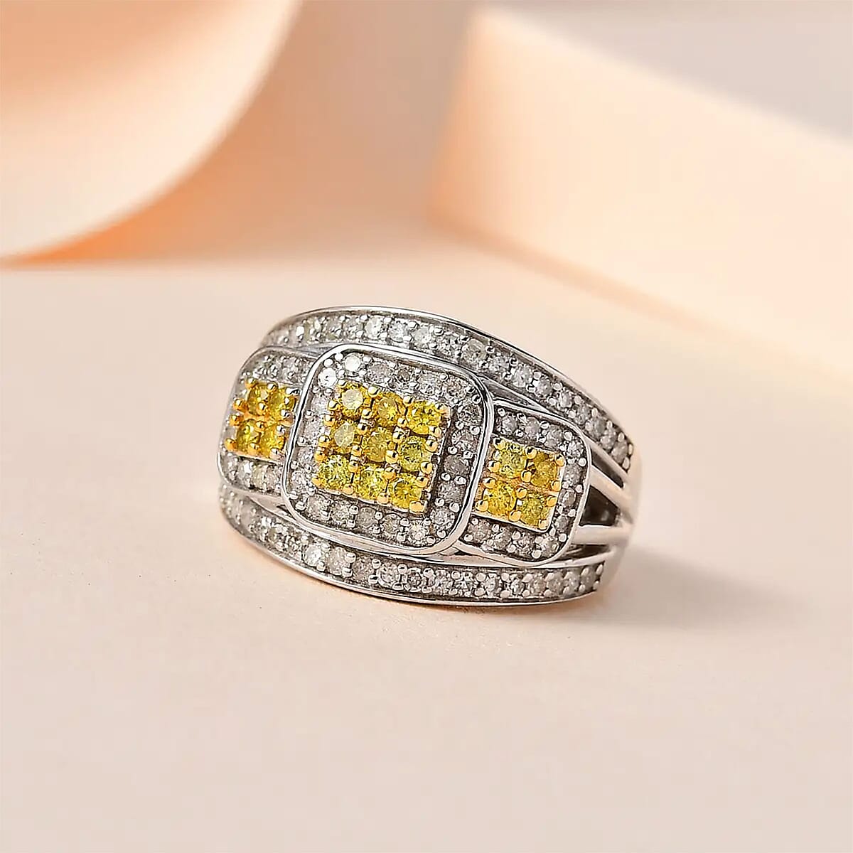 Yellow Diamond (IR), White Diamond Ring in Platinum Over Sterling Silver (Size 7.0) 1.00 ctw image number 1