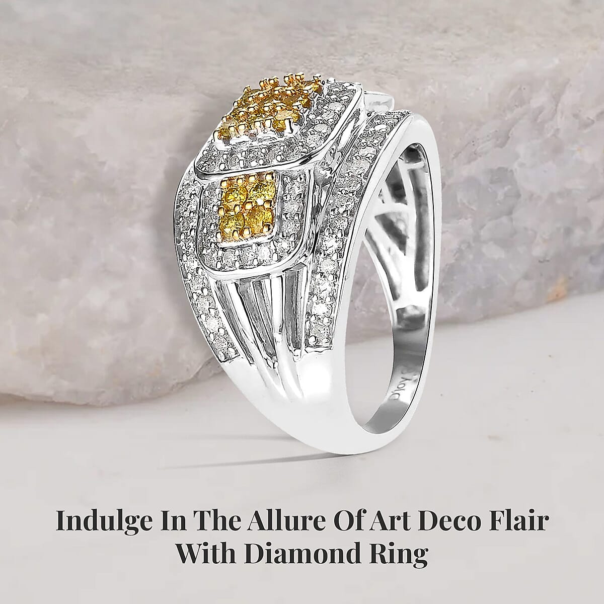 Yellow Diamond (IR), White Diamond Ring in Platinum Over Sterling Silver (Size 7.0) 1.00 ctw image number 2