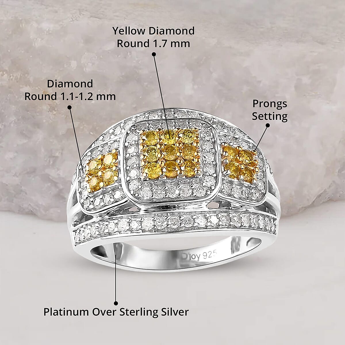 Yellow Diamond (IR), White Diamond Ring in Platinum Over Sterling Silver (Size 7.0) 1.00 ctw image number 4