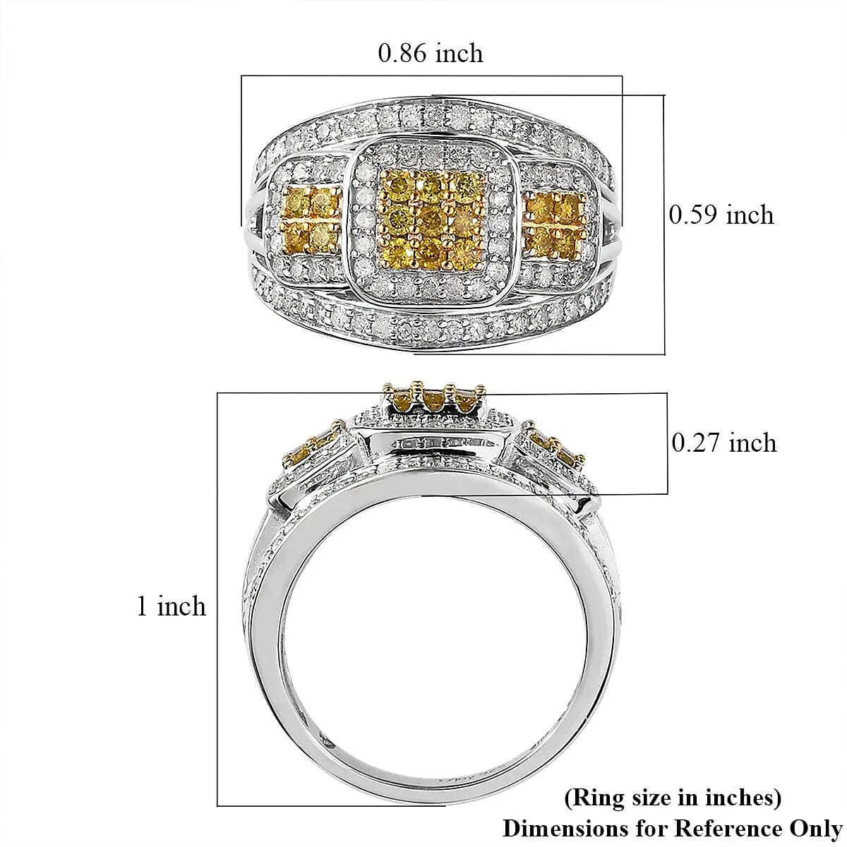 Yellow Diamond (IR), White Diamond Ring in Platinum Over Sterling Silver (Size 7.0) 1.00 ctw image number 6