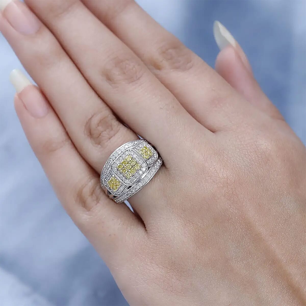 Yellow Diamond (IR), White Diamond Ring in Platinum Over Sterling Silver (Size 7.0) 1.00 ctw image number 7