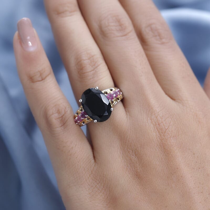 Black Tourmaline and Niassa Ruby (FF) Ring in Vermeil YG and Platinum Over Sterling Silver (Size 7.0) 6.65 ctw