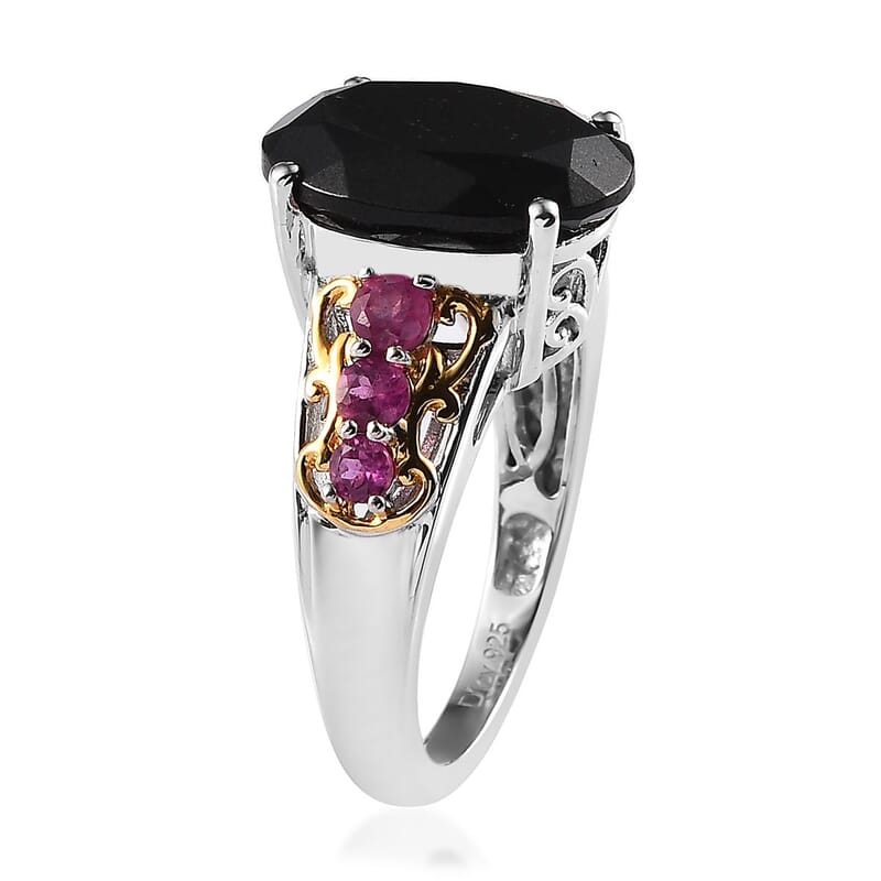 Black Tourmaline and Niassa Ruby (FF) Ring in Vermeil YG and Platinum Over Sterling Silver (Size 7.0) 6.65 ctw