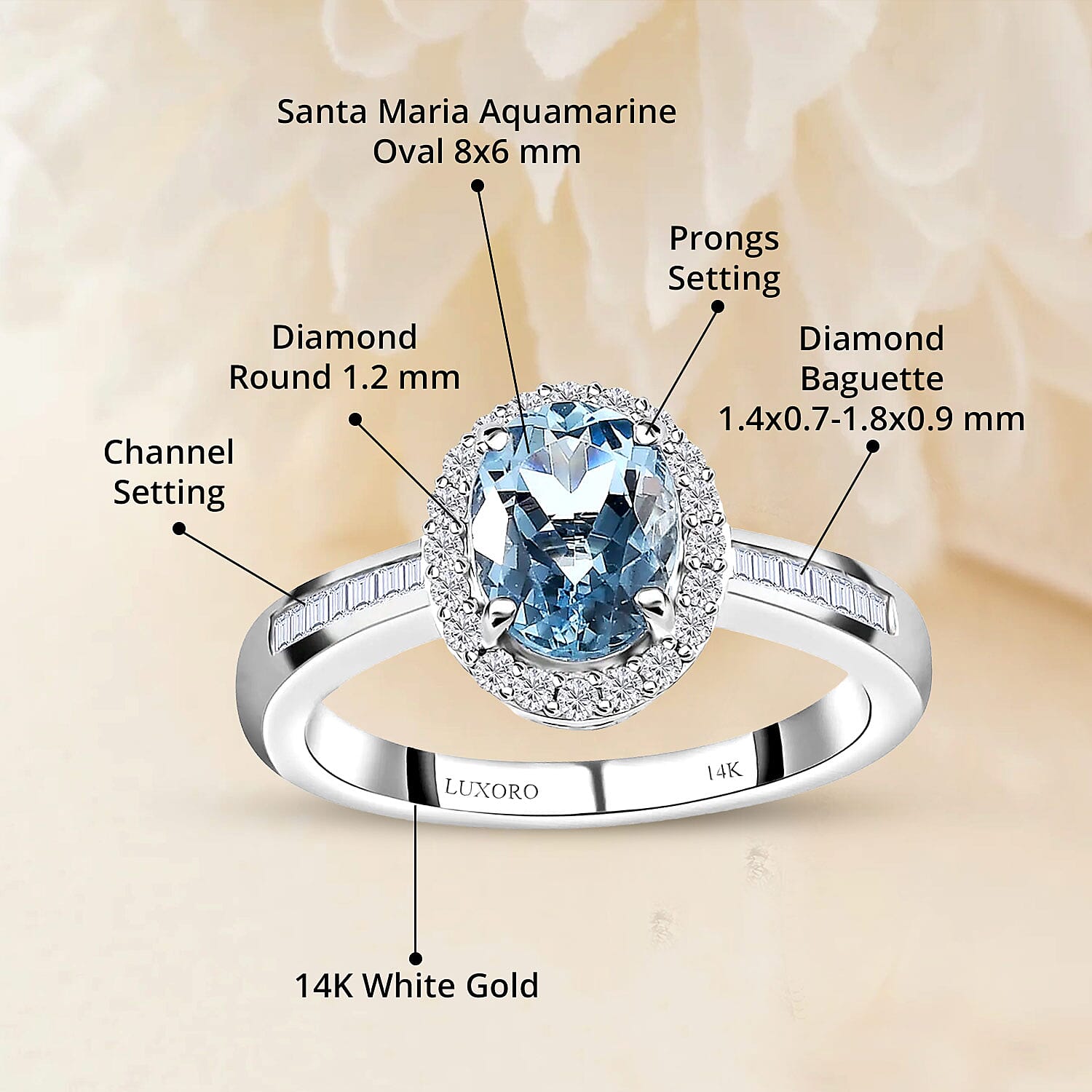 Luxoro AAA Santa Maria Aquamarine and G-H I2 Diamond 1.50 ctw Halo Ring in 14K White Gold (Size 7.0)