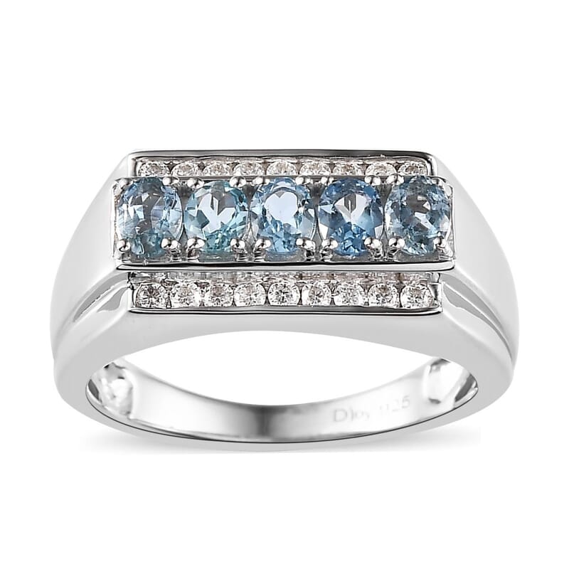 Santa Maria Aquamarine and Moissanite Men's Ring in Platinum Over Sterling Silver (Size 10.0) 1.15 ctw