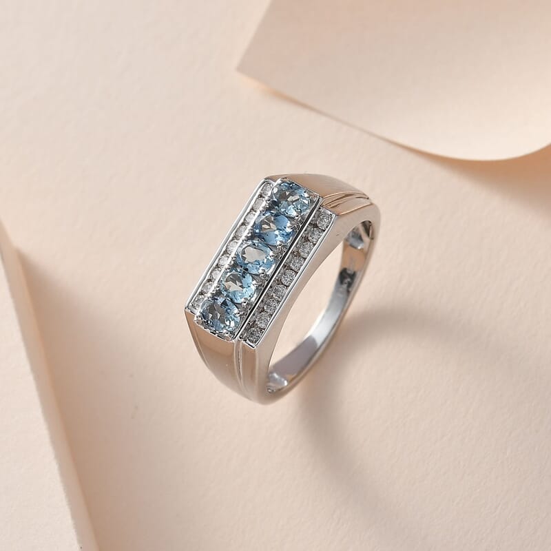 Santa Maria Aquamarine and Moissanite Men's Ring in Platinum Over Sterling Silver (Size 10.0) 1.15 ctw