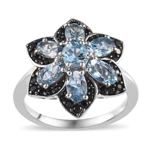Santa Maria Aquamarine and Thai Black Spinel Floral Ring in Platinum Over Sterling Silver (Size 10.0) 1.75 ctw