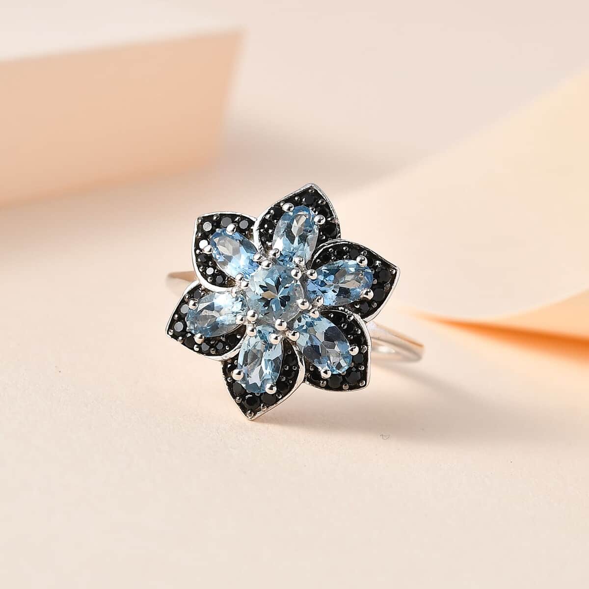 Santa Maria Aquamarine and Thai Black Spinel Floral Ring in Platinum Over Sterling Silver (Size 10.0) 1.75 ctw image number 1