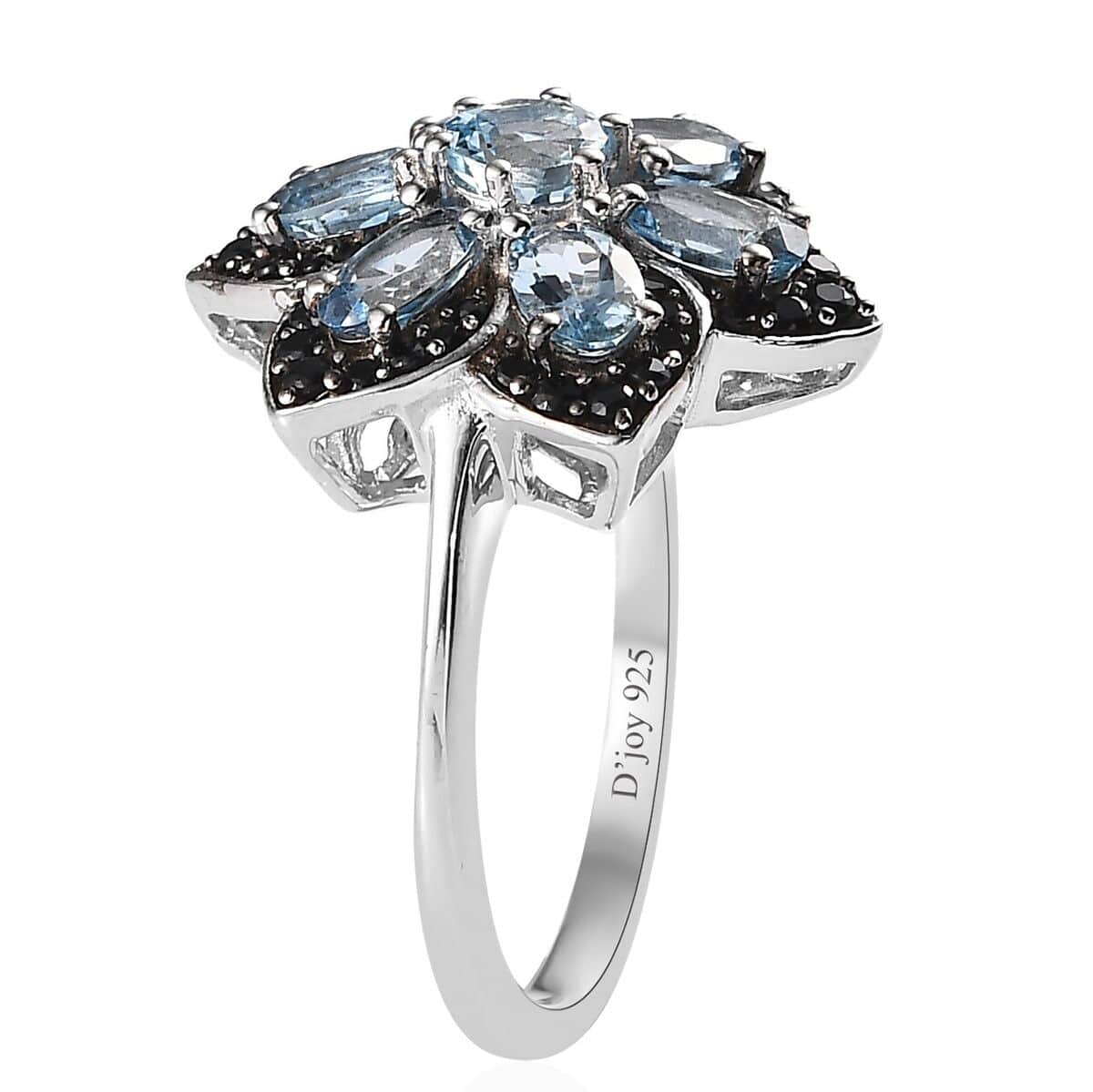 Santa Maria Aquamarine and Thai Black Spinel Floral Ring in Platinum Over Sterling Silver (Size 10.0) 1.75 ctw image number 3