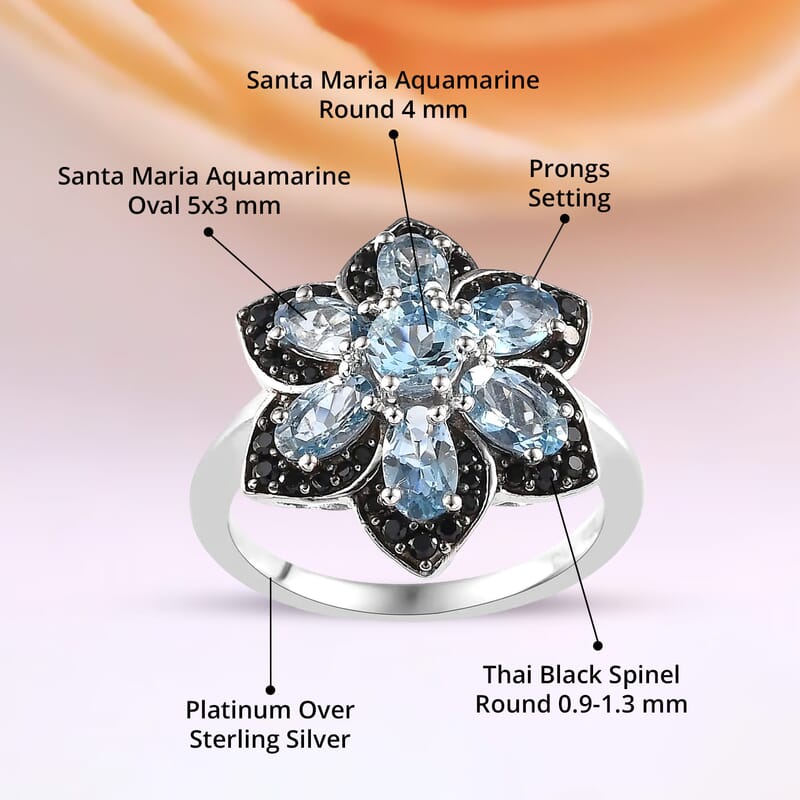 Santa Maria Aquamarine and Thai Black Spinel 1.75 ctw Daisy  Floral Ring in Platinum Over Sterling Silver (Size 10.0)