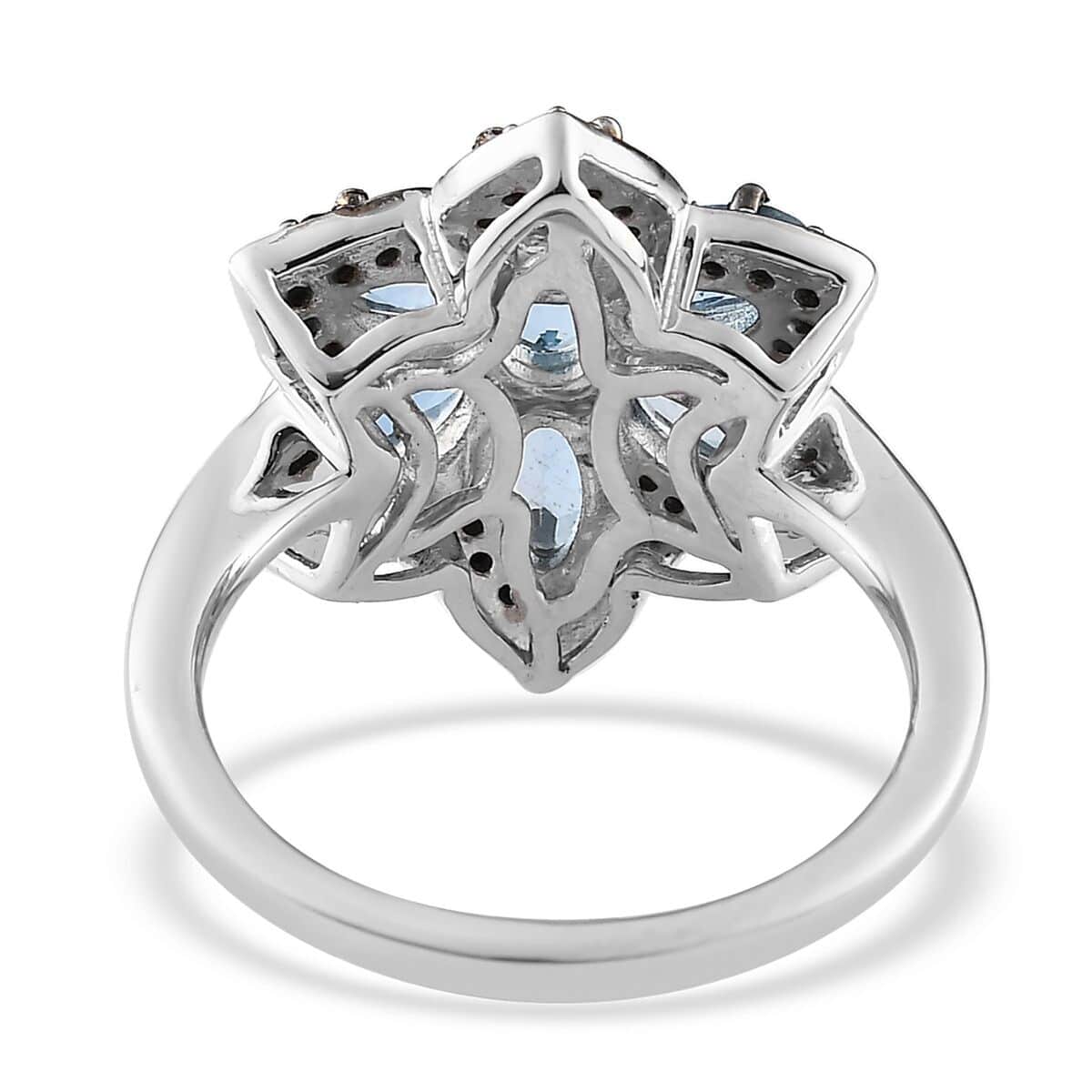 Santa Maria Aquamarine and Thai Black Spinel Floral Ring in Platinum Over Sterling Silver (Size 10.0) 1.75 ctw image number 4