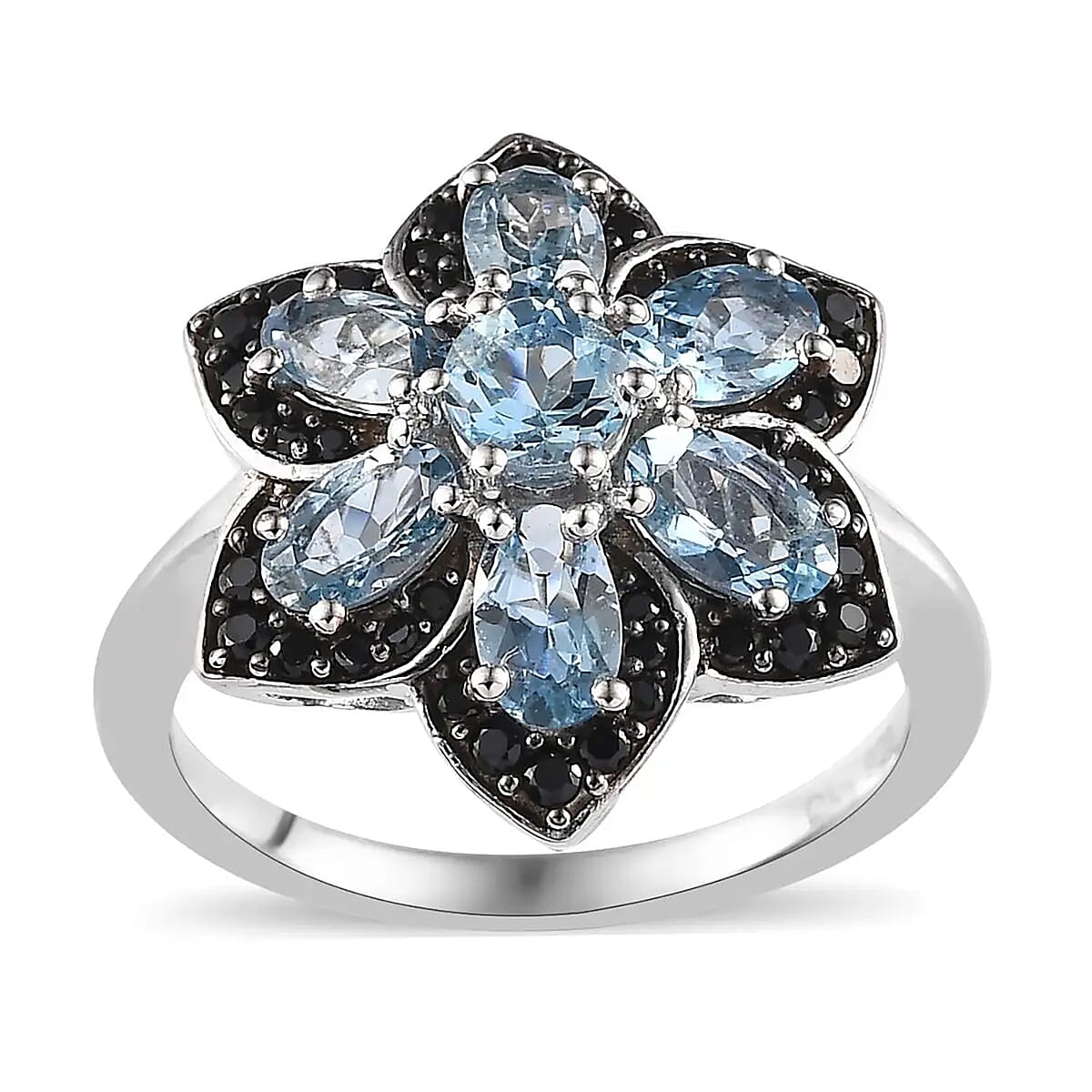 Santa Maria Aquamarine and Thai Black Spinel 1.75 ctw Daisy  Floral Ring in Platinum Over Sterling Silver (Size 6.0) image number 0