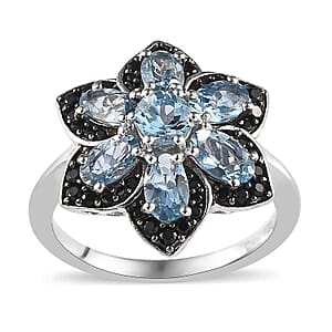 Santa Maria Aquamarine and Thai Black Spinel 1.75 ctw Daisy  Floral Ring in Platinum Over Sterling Silver (Size 6.0)