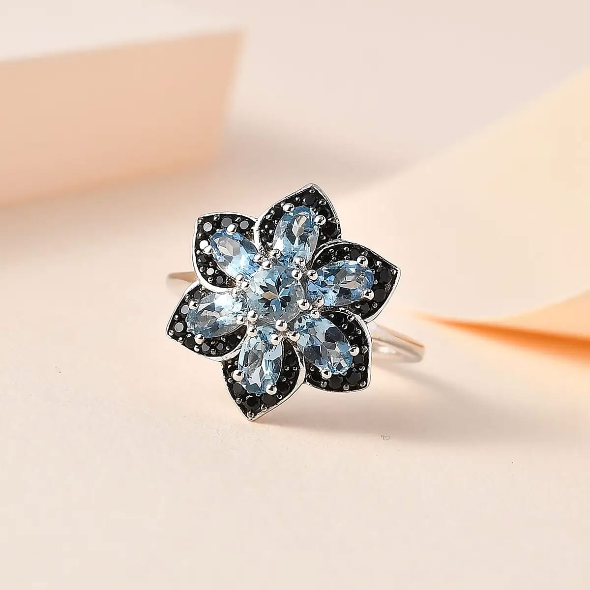 Santa Maria Aquamarine and Thai Black Spinel 1.75 ctw Daisy  Floral Ring in Platinum Over Sterling Silver (Size 6.0) image number 1