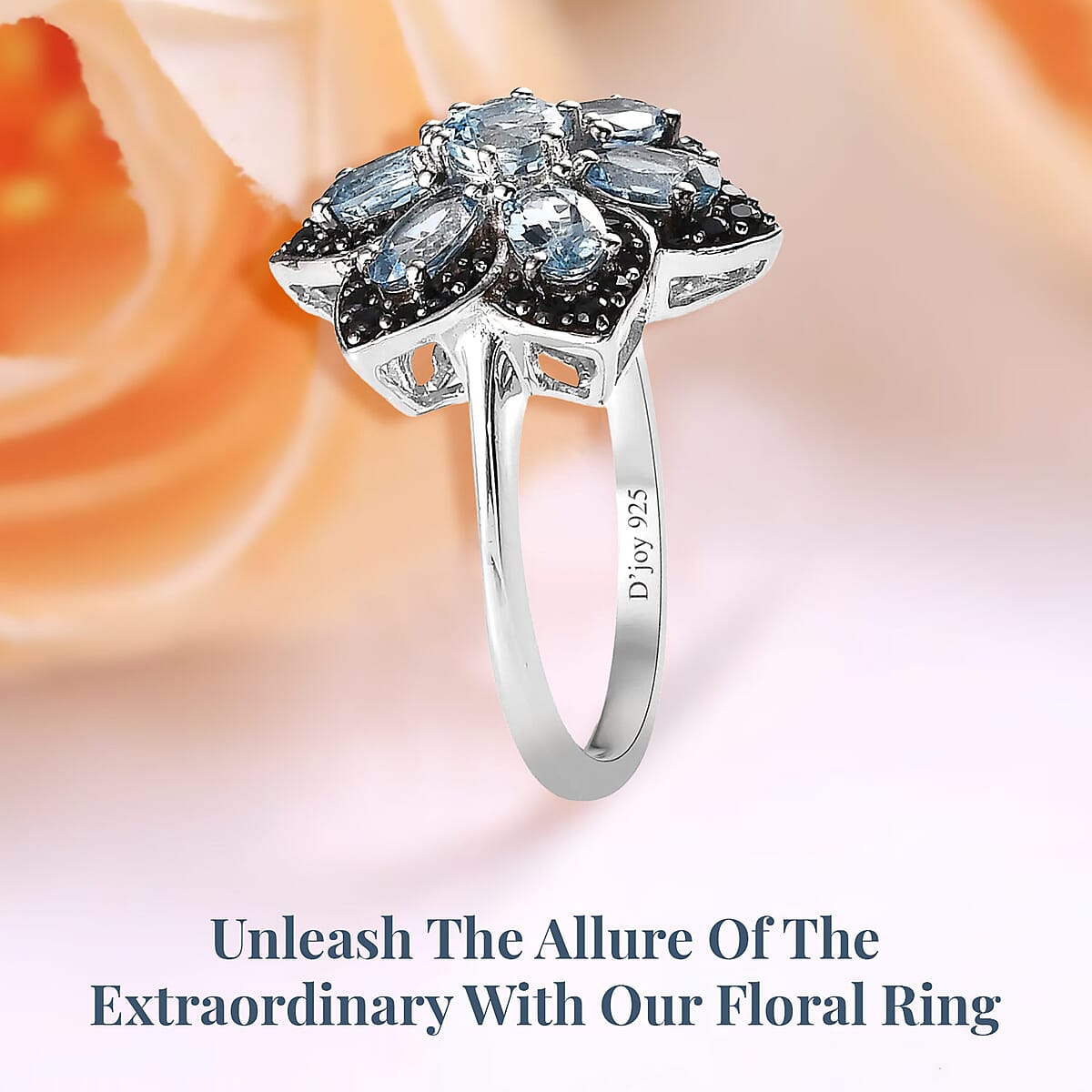 Santa Maria Aquamarine and Thai Black Spinel 1.75 ctw Daisy  Floral Ring in Platinum Over Sterling Silver (Size 6.0) image number 2