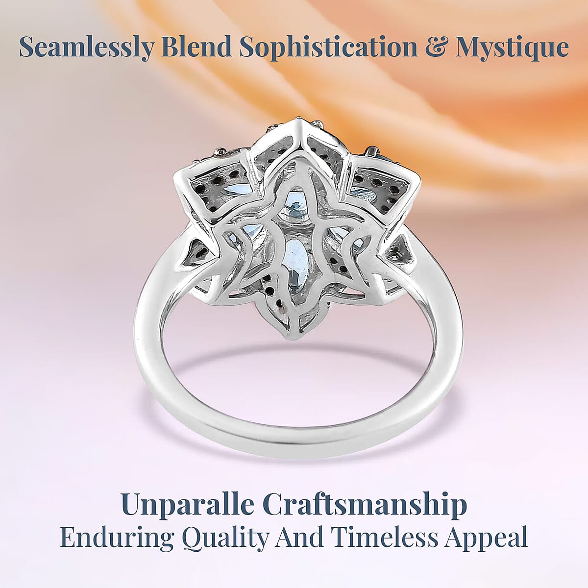 Santa Maria Aquamarine and Thai Black Spinel 1.75 ctw Daisy  Floral Ring in Platinum Over Sterling Silver (Size 6.0) image number 3
