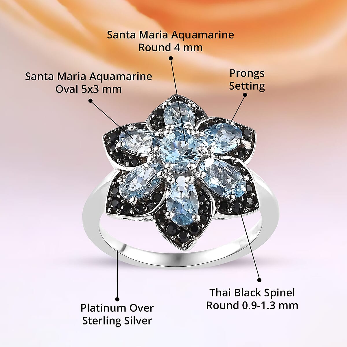 Santa Maria Aquamarine and Thai Black Spinel 1.75 ctw Daisy  Floral Ring in Platinum Over Sterling Silver (Size 6.0) image number 4