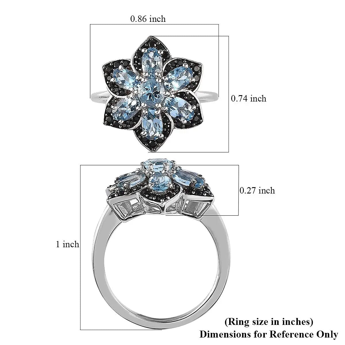 Santa Maria Aquamarine and Thai Black Spinel 1.75 ctw Daisy  Floral Ring in Platinum Over Sterling Silver (Size 6.0) image number 6