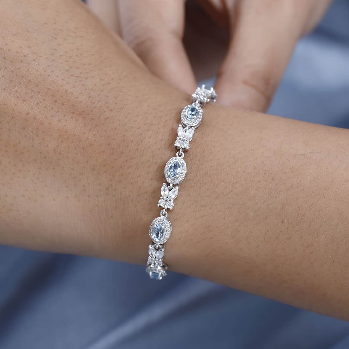 Santa Maria Aquamarine and White Zircon Butterfly Bracelet in Platinum Over Sterling Silver (7.25 In) 2.90 ctw image number 2