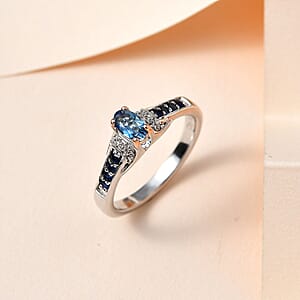 Santa Maria Aquamarine and Multi Gemstone Ring in Vermeil YG and Platinum Over Sterling Silver (Size 7.0) 0.50 ctw