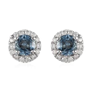 Santa Maria Aquamarine and Moissanite Halo Stud Earrings in Platinum Over Sterling Silver 0.80 ctw